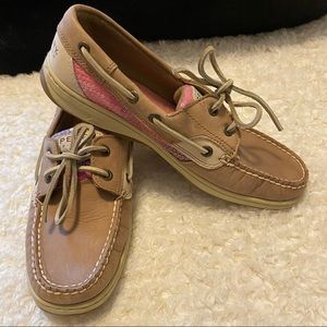 Sperry Top-Sider slip on loafer, tan leather/ombré pink plaid size 7.5